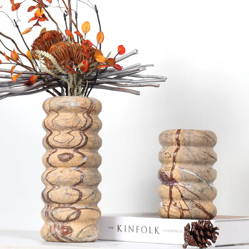 Afralia™ Painforest Brown Marble Vase Elegant Home Decor Stone Flower Vase