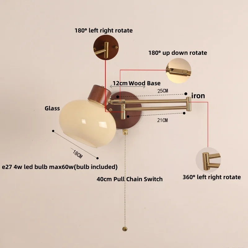 Afralia™ Walnut Wood LED Wall Sconce Pull Chain Switch Stair Light