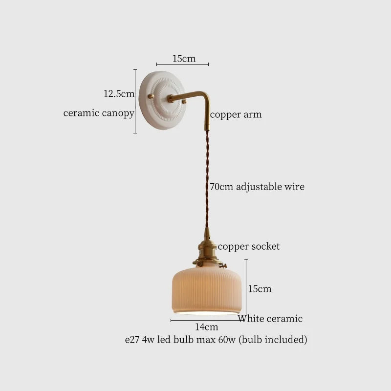 Afralia™ Small Pleats Ceramic LED Wall Light for Bedroom Stair Bathroom with Copper Arm