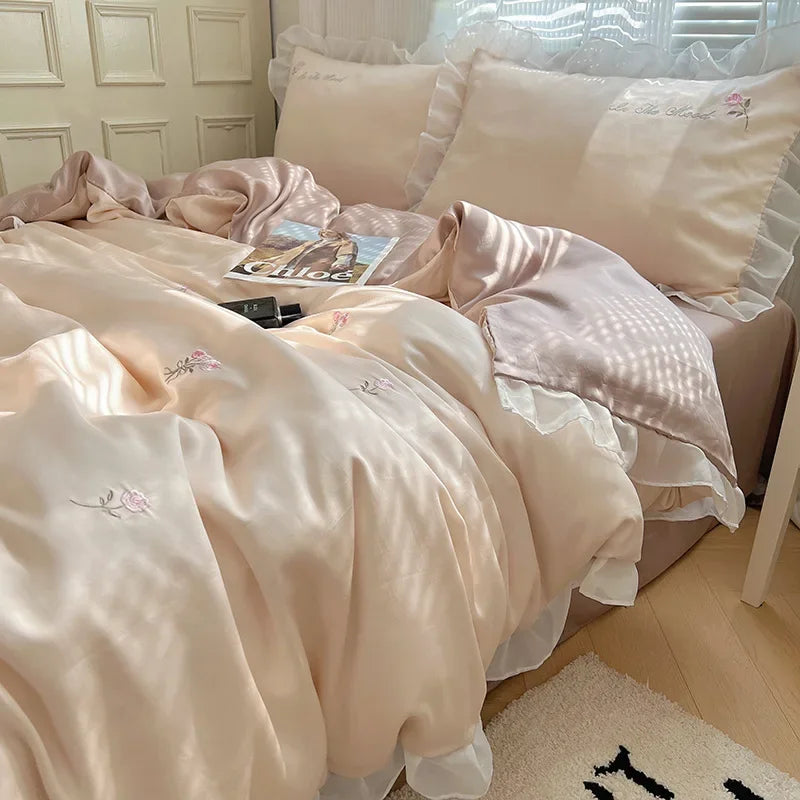 Afralia™ Silky Embroidery Bedding Sets with Lace, Ultimate Comfort for Home and Dorm