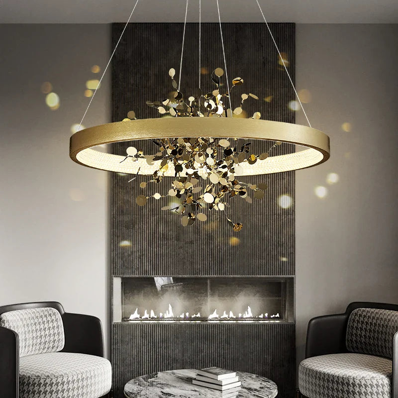 Afralia™ Modern Golden Ring LED Pendant Chandelier for Living Room and Bedroom