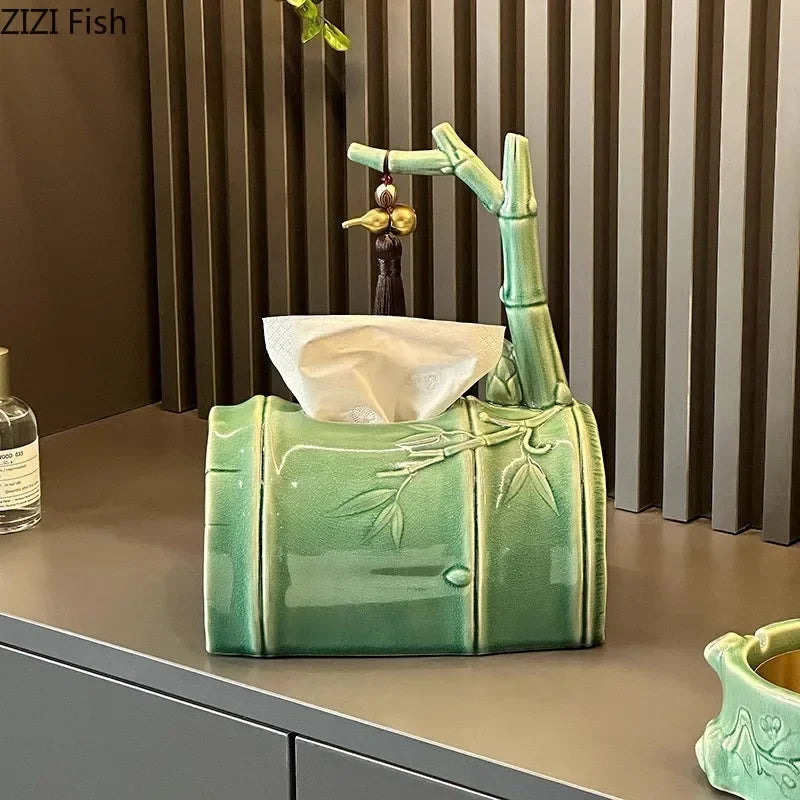 Afralia™ Bamboo Tissue Box: Ceramic Green Bamboo Design for Coffee Table & Desk Decor