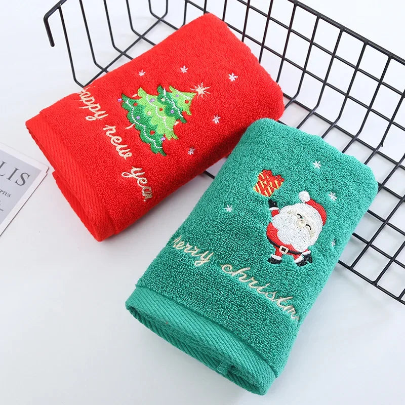 Afralia™ Santa Embroidery Christmas Towel Set, Absorbent Microfiber Coral Fleece Face & Bath Towels