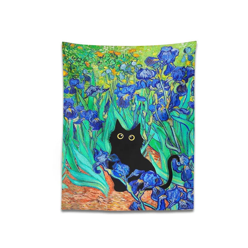 Afralia™ Irises Cat Tapestry: Van Gogh Inspired Black Cat Art & Floral Print