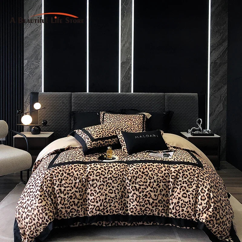 Afralia™ Leopard Print Lyocell Cotton Bedding Set, Luxury Duvet Cover, Sheet & Pillowcases
