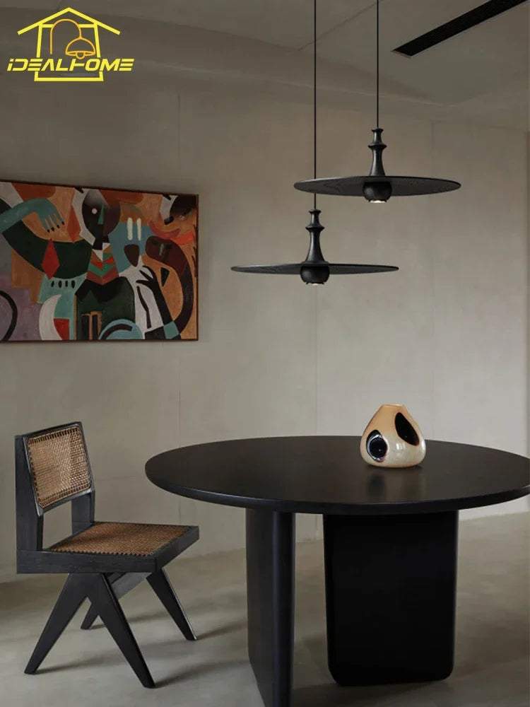 Afralia™ Black Solid Wood Saucer Pendant Lights, LED GU10, Minimalist Design