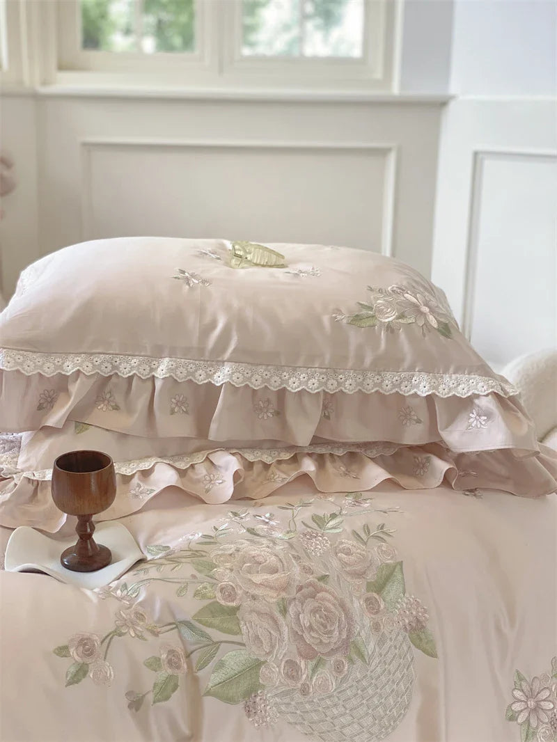 Afralia™ Vintage Rose Flowers Embroidery 1000TC Egyptian Cotton 4/7Pcs Bedding Set