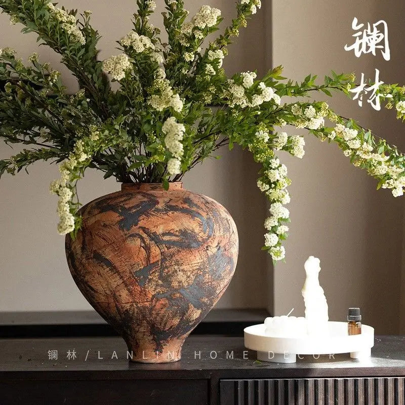 Afralia™ Handmade Ceramic Belly Vase with Floral Ornaments