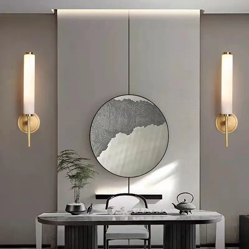 Afralia™ Natural Marble LED Wall Lights Copper, Elegant Foyer TV Background Sconce for Bedroom.