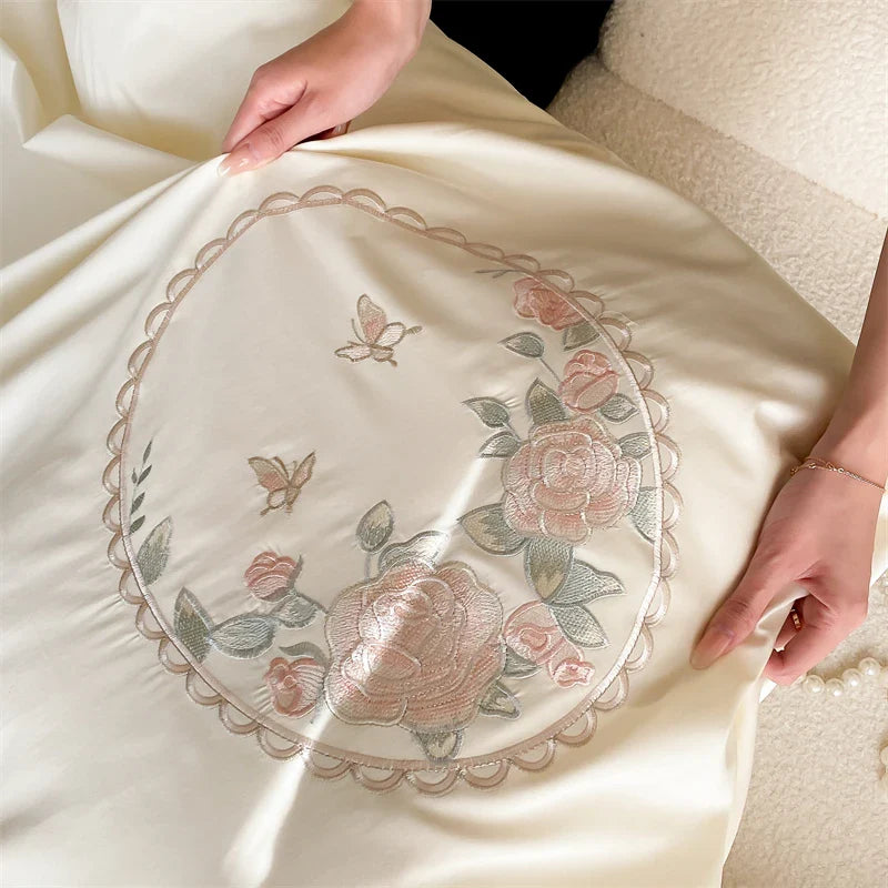 Afralia™ Rose Butterfly Embroidery Curved Edge Bedding Set: Duvet Cover, Sheet Set, Pillowcases