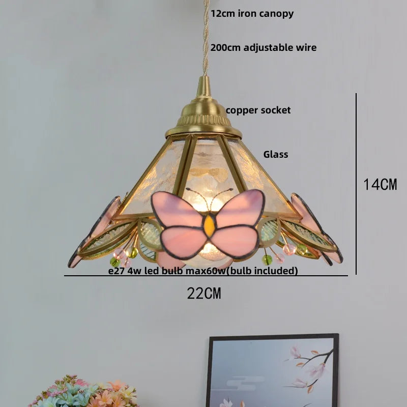 Afralia™ Butterfly Pink LED Pendant Lamp Walnut Wood Glass Nordic Modern Home Decor