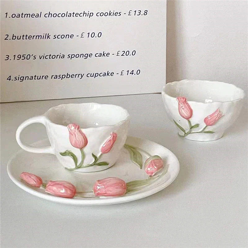 Afralia™ Pink Tulip Ceramic Tea Mug with Cake Plate - Kitchen Accessories