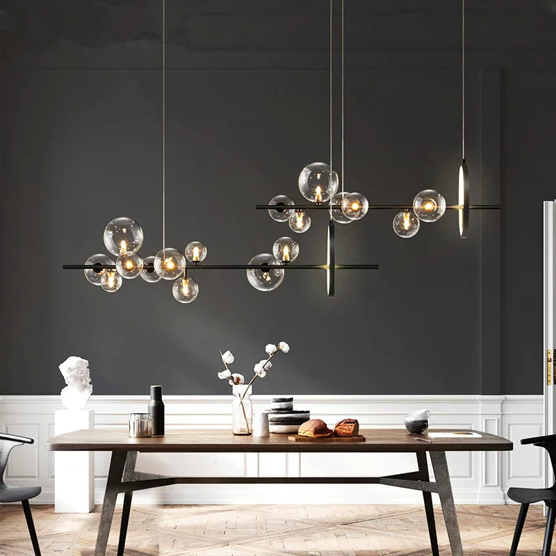 Afralia™ Black Glass Ball LED Pendant Chandelier for Dining Room, Kitchen, and Restaurant