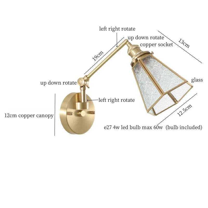 Afralia™ Vintage Brass Glass LED Wall Light with Pull Chain, Left Right Rotate Mirror Design