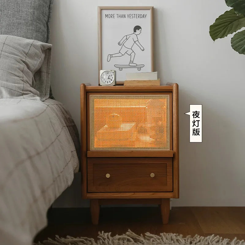 Afralia™ Rattan Weave Nightstand with Solid Wood Top, Multifunctional Bedside Storage Cabinet