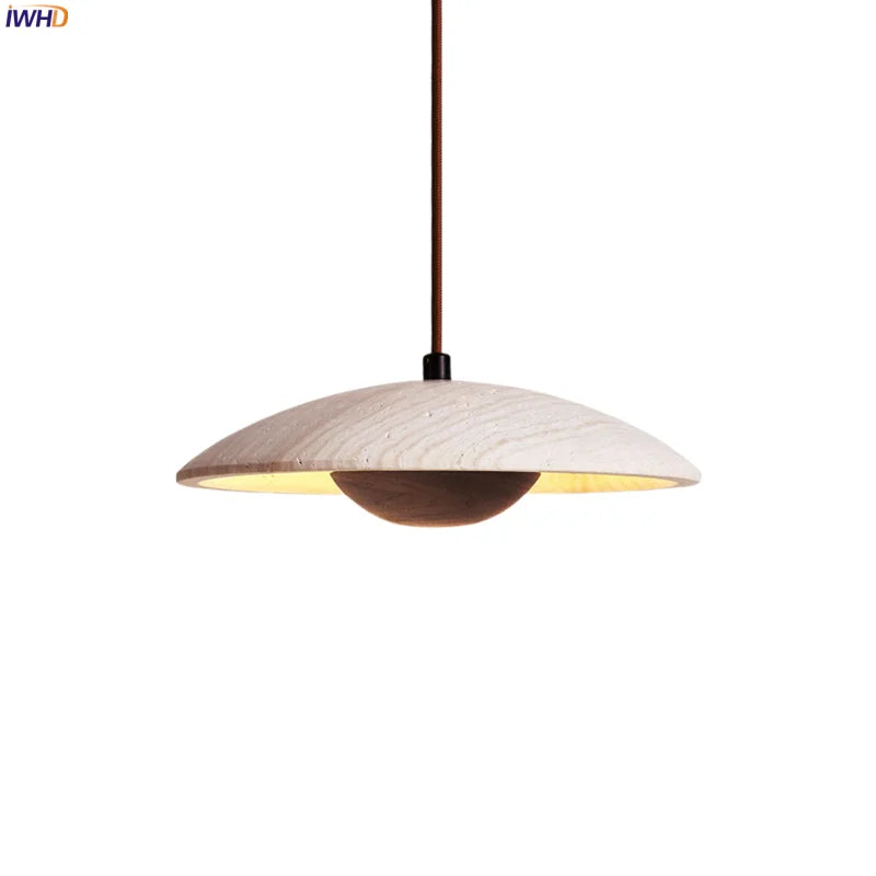 Afralia™ Wood Stone LED Pendant Lights Yellow Travertine Hanging Lamp for Living Room