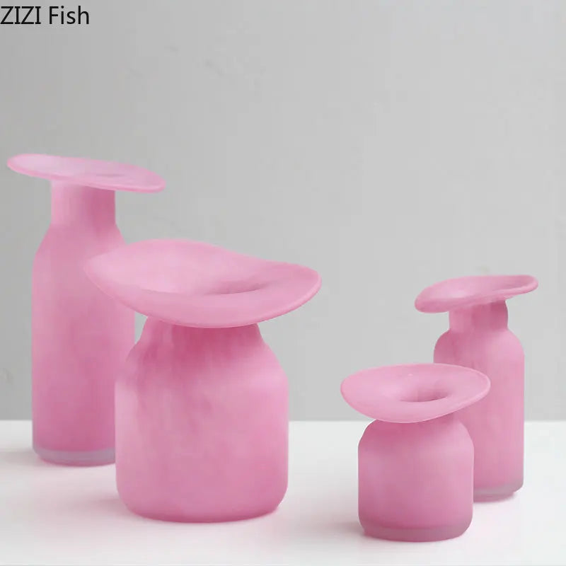 Afralia™ Matte Pink Glass Vase Flowers Arrangement Irregular Bottle Mouth Floral Vase