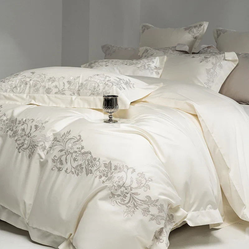Afralia™ Luxury Embroidery Bedding Set: Pearl White 1000TC Egyptian Cotton Duvet Cover, Sheets, Pillowcases