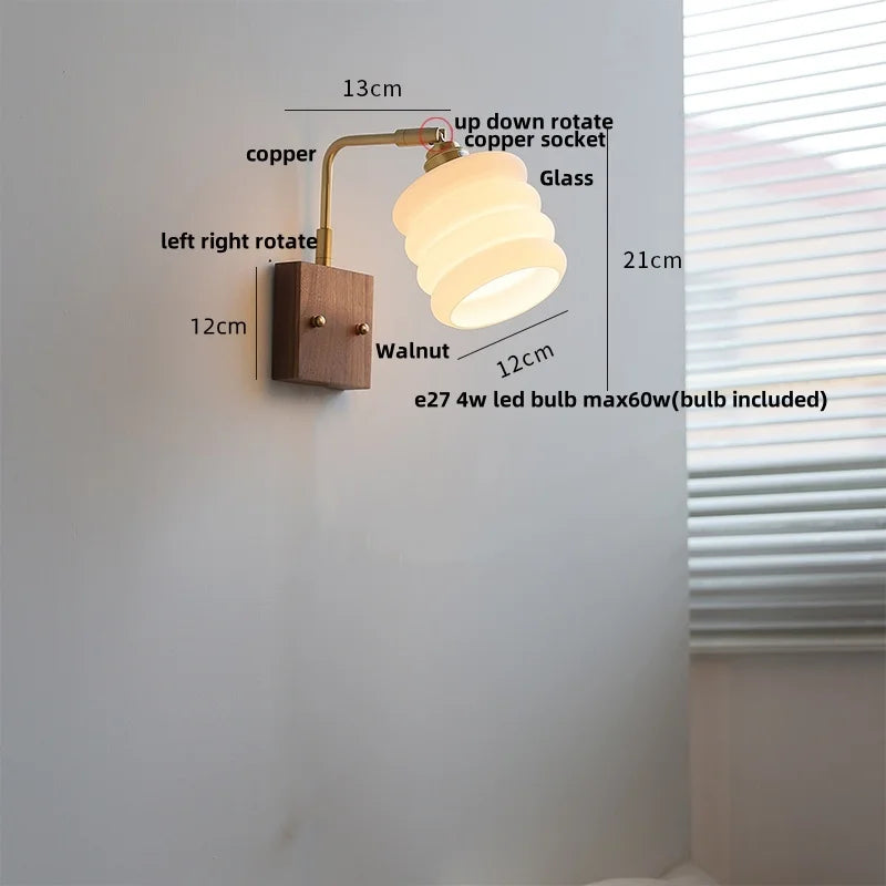 Afralia™ Nordic LED Wall Lights Pull Chain Switch Bedside Lamp Walnut Ash Glass Copper