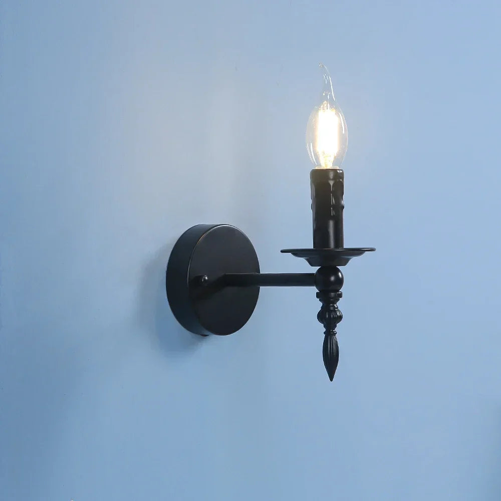 Afralia™ Iron Art Wall Lamp: Retro Black Candle LED Sconces for Living Room, Bedside & Corridor