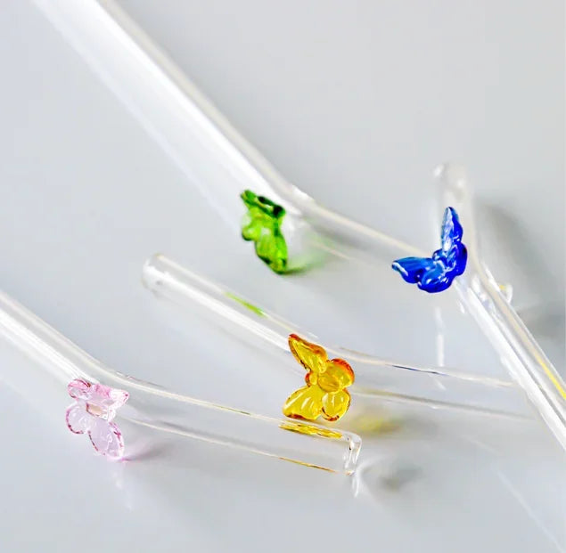 Butterfly Glass Straws Set for Smoothies Cocktails | Afralia™ Eco-Friendly Drinkware