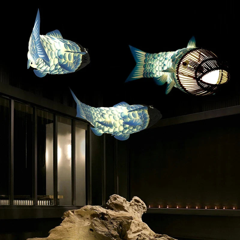 Afralia™ Wooden Big Fish Pendant Lights: Chinese Style Bamboo Chandeliers for Living Room Decor.