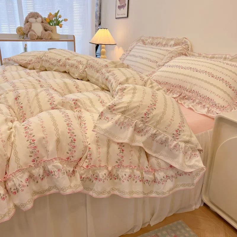 Afralia™ Lace Bedding Set: Printed Design, Single Queen Size, Cozy Quilt Cover, Fitted Sheet, 2 Pillowcases