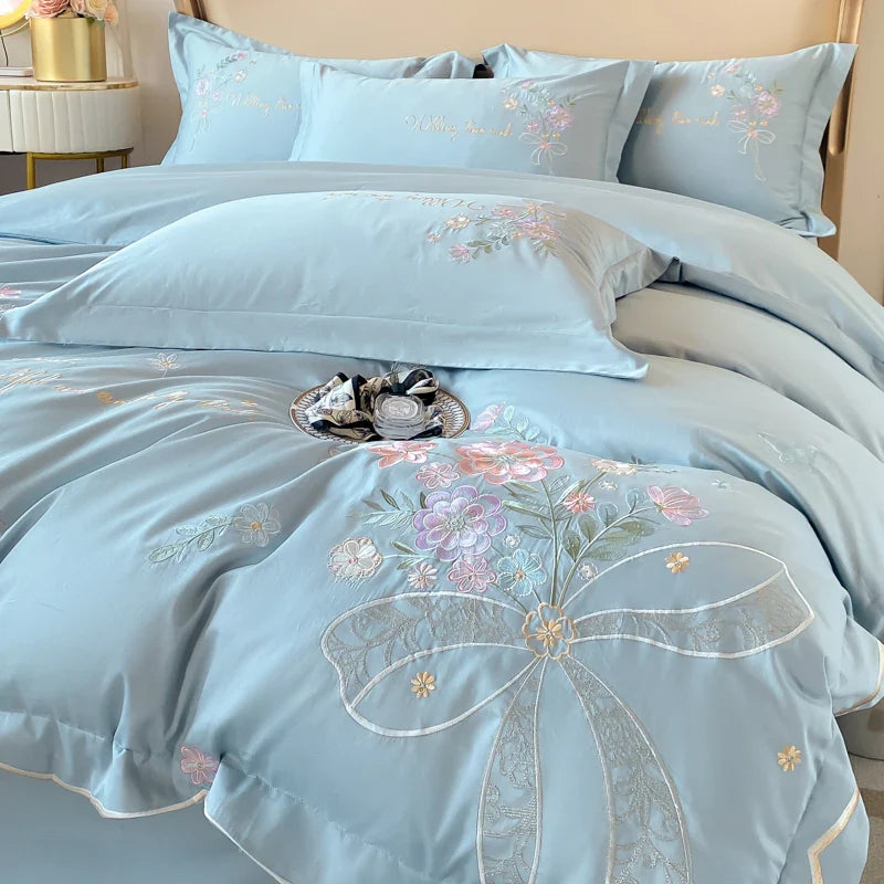 Afralia™ Chic Flowers Embroidery Bedding Set, 100% Cotton, 400TC
