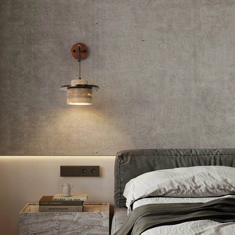 Afralia™ LED Wall Light Fixture Yellow Travertine Stone Modern Bedside Lamp