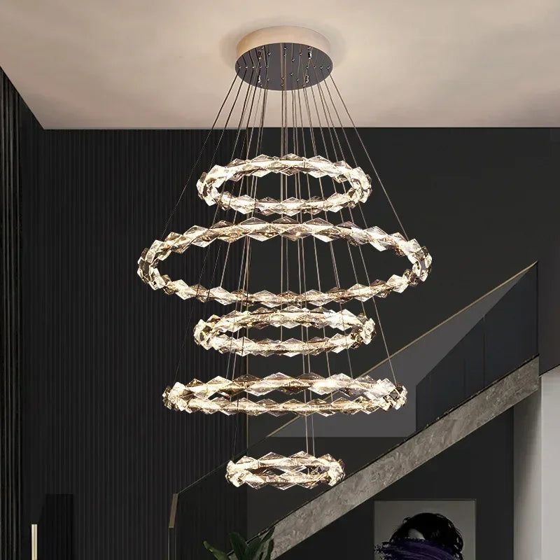 Afralia™ Circle K9 Crystal Pendant Chandelier LED Hall Villa Hanging Light