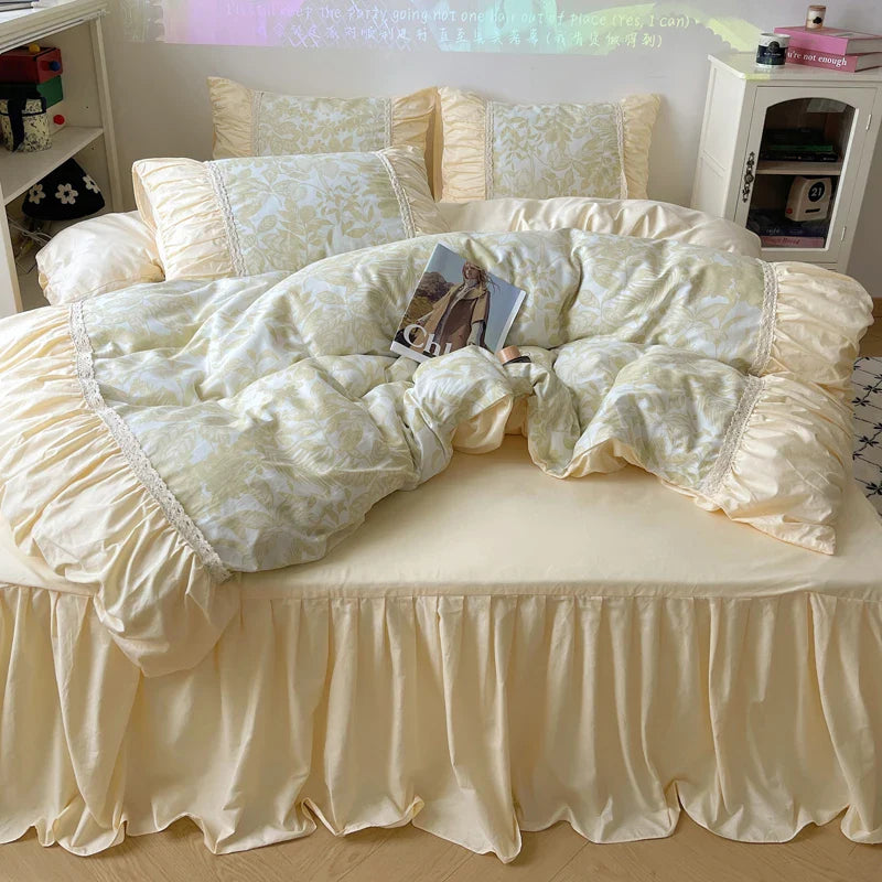 Afralia™ Korean Princess Flowers Bedding Set - Duvet Cover, Bed Skirt, Pillowcases