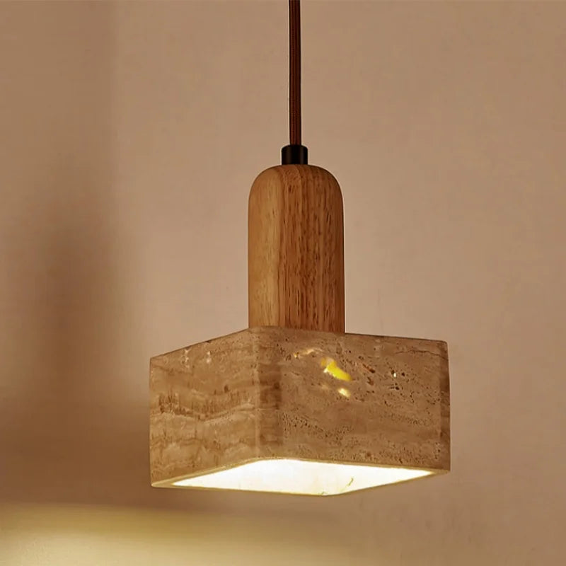 Afralia™ LED Pendant Lamp Yellow Travertine Stone Wood Nordic Modern Hanging Light