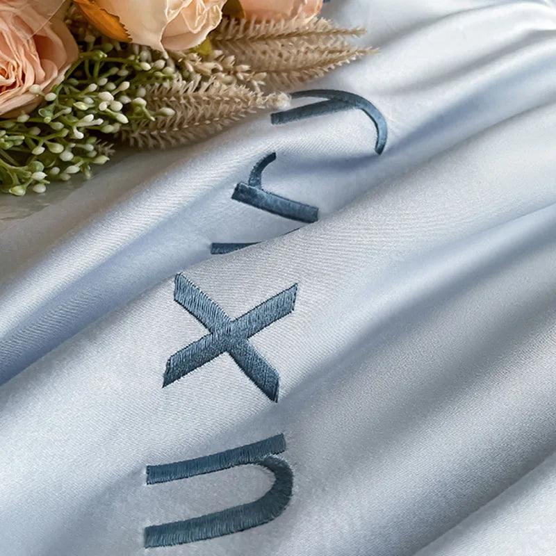 Afralia™ 120S Long Staple Cotton Satin Embroidery Bedding Set - Solid Color Twin Full Double Comforter