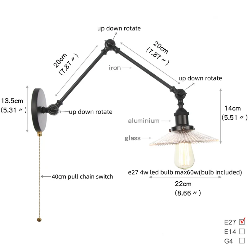 Afralia™ Industrial Loft Swing Arm Wall Sconce Clear Glass Pull Chain Switch Bedside Lamp