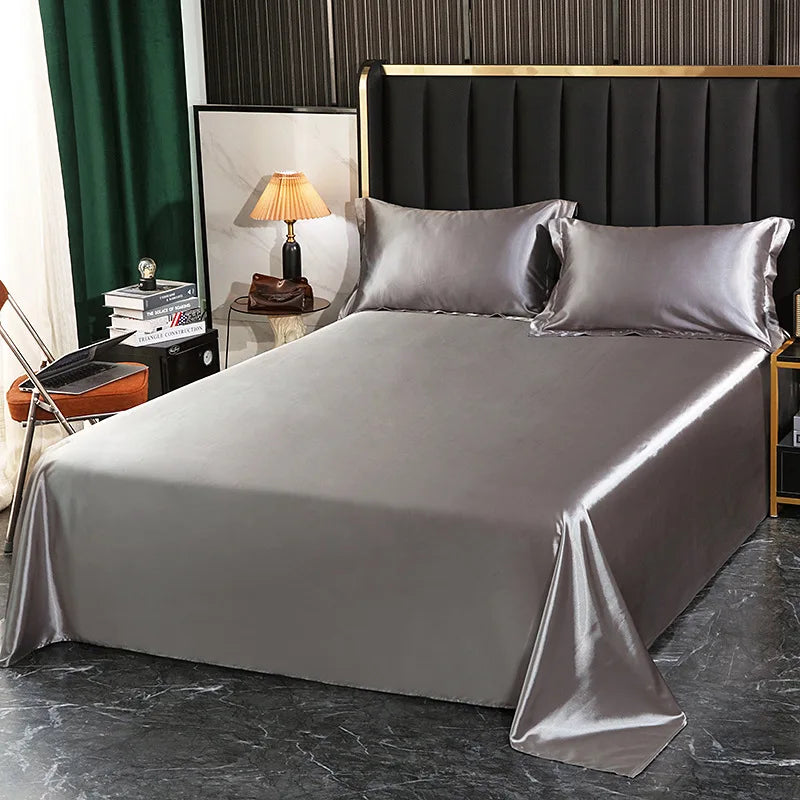 Afralia™ Silk King Bed Sheet Set with Pillowcase - Luxuriously Soft Solid Color Flat Sheet