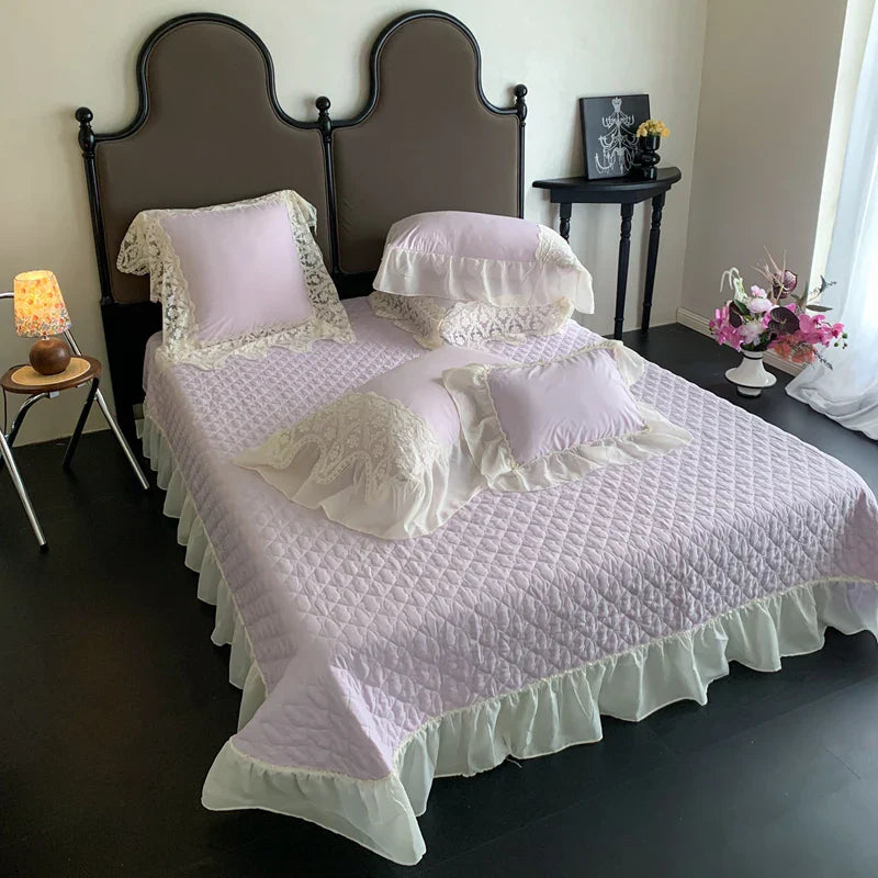 Afralia™ Pink Lace Ruffles Quilted Bedspread 250x260cm Bed Cover - Summer Quilt