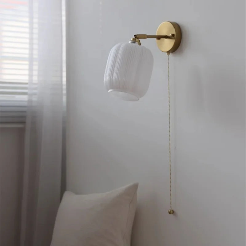 Afralia™ White Glass LED Wall Light with Pull Chain Switch, Japanese Style, Copper Base