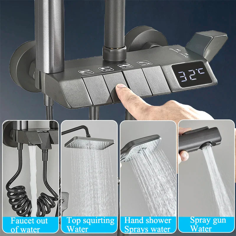 Afralia™ Smart Brass Bathroom Shower Faucet Set with Waterfall Tap and Rainfall System