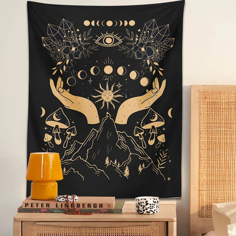 Moon Phase Magic Mushrooms Tapestry Wall Hanging by Afralia™ - Hippie Witchcraft Home Decor