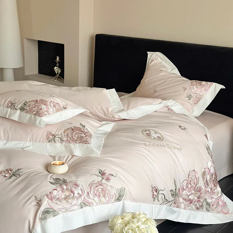 Afralia™ 4-Piece Pink Purple Flowers Embroidery Bedding Set in 1000TC Egyptian Cotton