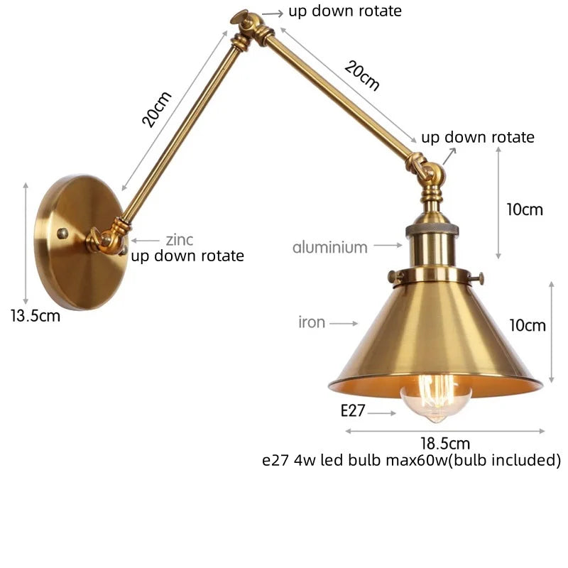 Afralia™ Gold Long Arm LED Wall Sconce with Pull Chain Switch, Adjustable Industrial Bedside Lamp