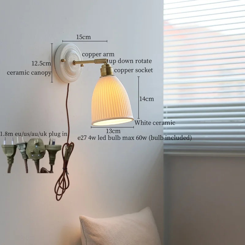 Afralia™ Pleats Ceramic LED Sconce Lamp with Adjustable Copper Arm for Bedroom Bathroom Mirror