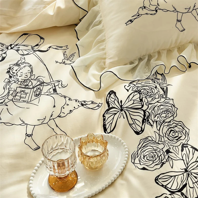 Afralia™ Vintage Rose Butterfly Lace Ruffles Princess Bedding Set: 100S Egyptian Cotton
