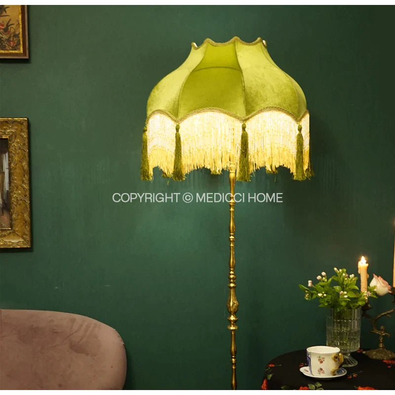 Afralia™ Victorian Luxe Green Velvet Lampshade with Beads Tassel