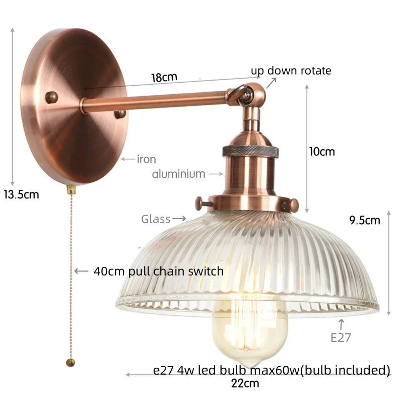 Afralia™ Glass Industrial LED Wall Sconce with Pull Chain Switch, Vintage Bedside Light
