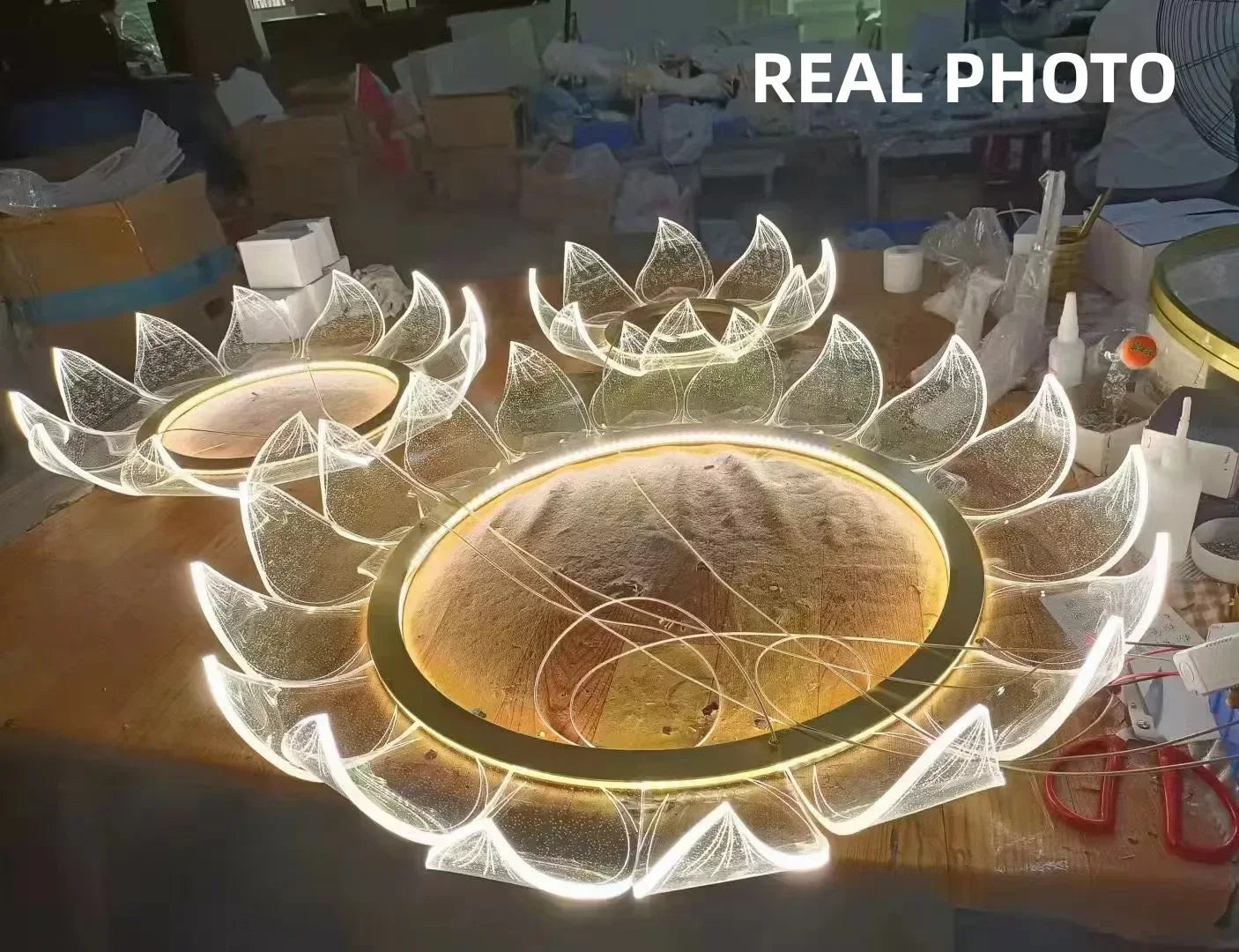 Afralia™ Lotus Acrylic LED Chandelier Gold Suspend Lamp for Living Room Lighting