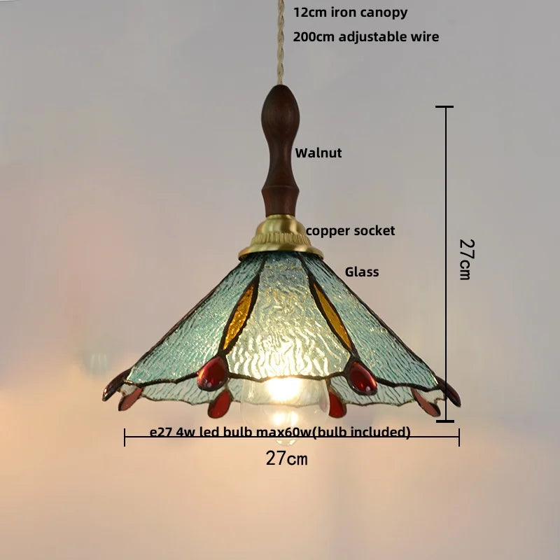 Afralia™ Walnut Wood LED Pendant Tiffany Glass Hanging Lamp - Vintage Dining Room Light