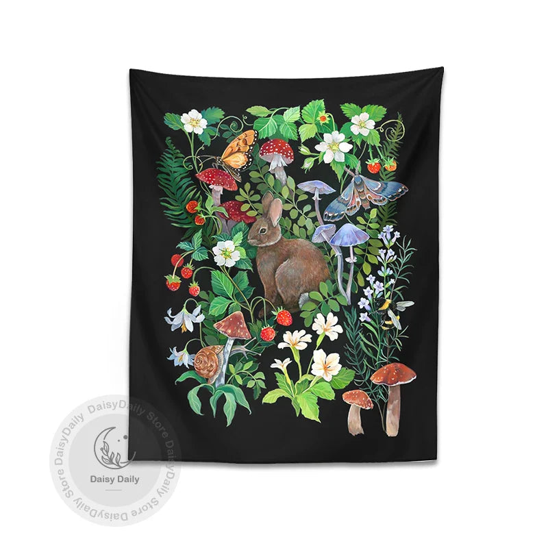 Afralia™ Rabbit Strawberry Garden Tapestry: Psychedelic Mushroom Flower Boho Wall Art