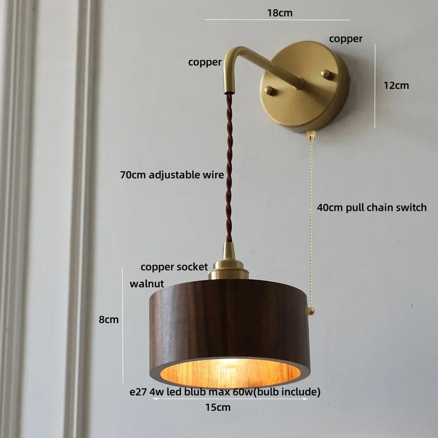 Afralia™ Wood LED Wall Lamp with Copper Socket & Pull Chain Switch - Adjustable Staircase Light