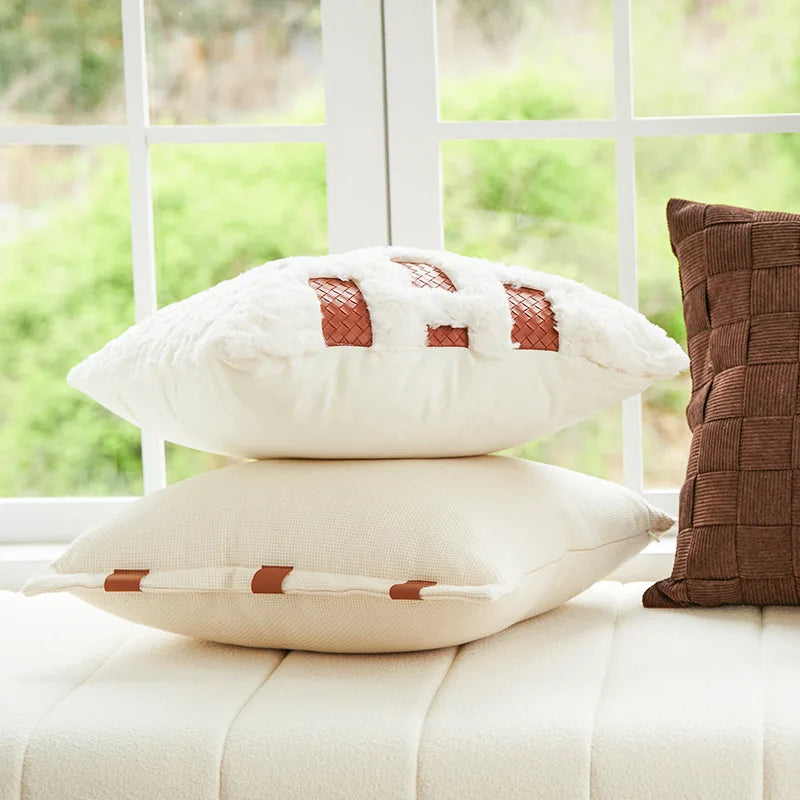 Afralia™ Abstract Plush Burnt Orange Embroidered Pillow Cover 45x45cm Ivory Decoration